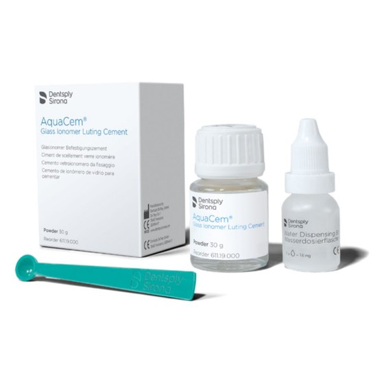 Dentsply Sirona AquaCem glass ionomer luting cement, 30 g powder with liquid and mixing spatula