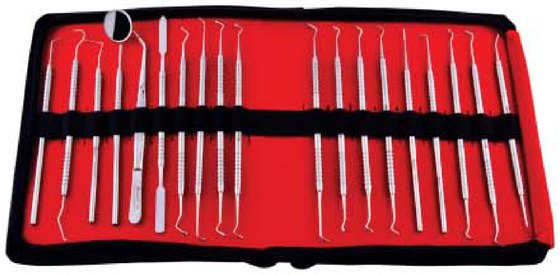 GDC conservative instruments kit, nineteen double-ended dental hand instruments in a red zip case