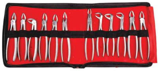 GDC extraction forceps kit, twelve extraction forceps held in a red zip case